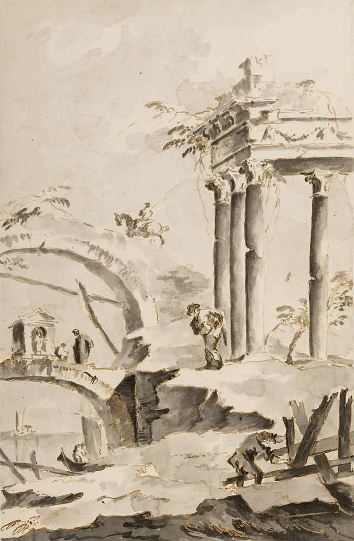 A Capriccio Landscape with Ruins and Two Arches